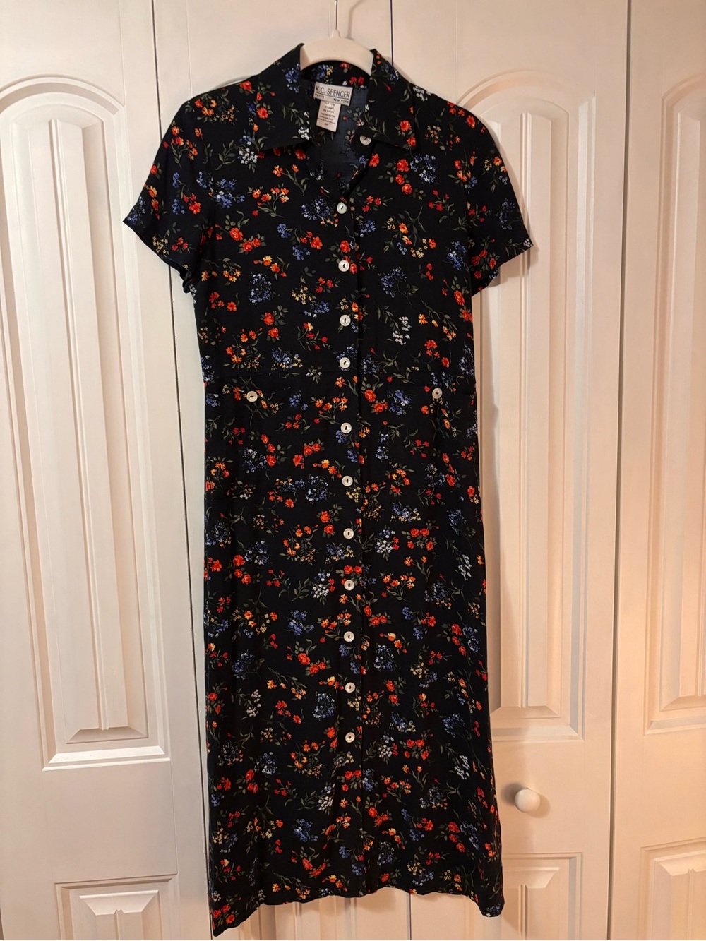 Black Floral Midi Dress with Red and Blue Blooms